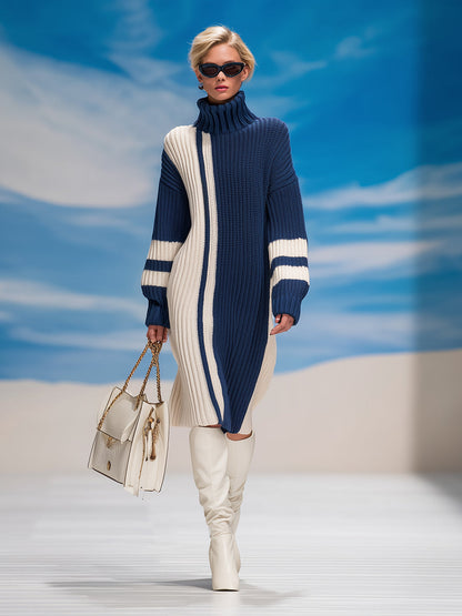 Robe Tricotée Mystère Bleu et Blanc à Haute Élastique