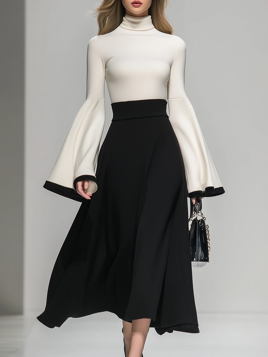 Robe Maxi Chic à Col Montant avec Détails Contrastés