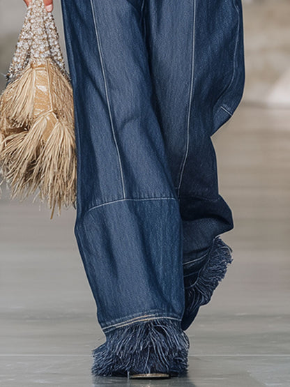 Jean Vintage Évasé avec Franges en Denim Bleu Foncé