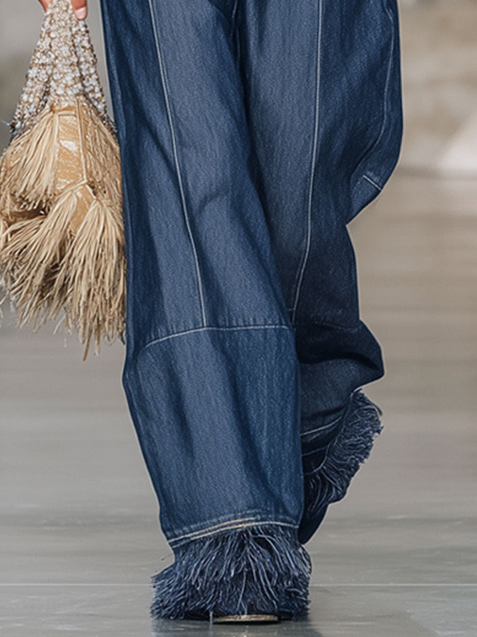 Jean Vintage Évasé avec Franges en Denim Bleu Foncé