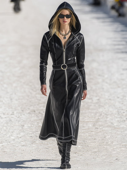 Robe Maxi à Capuche en Similicuir Noir avec Élégantes Surpiqûres Rétro