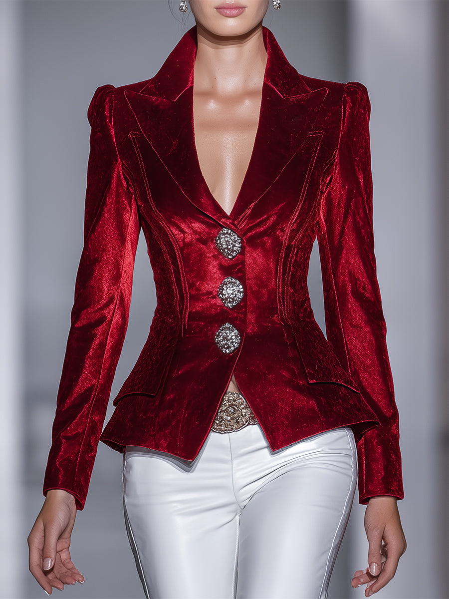 Blazer Vintage en Velours Rouge Éclatant avec Détails en Diamant