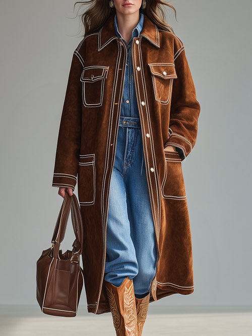 Veste rétro western en faux suède à poches multiples