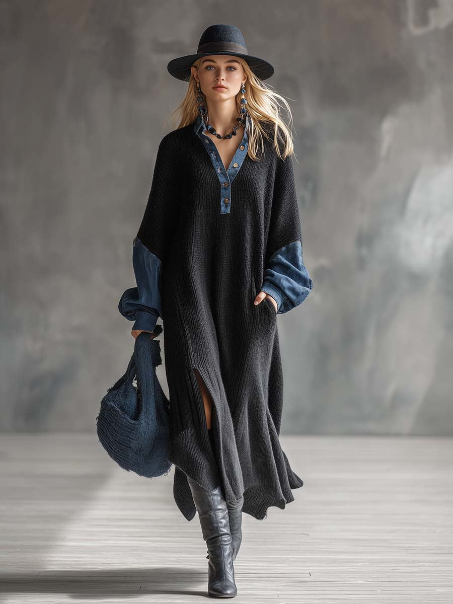 Maxi Robe Tricot Noir avec Accent Denim