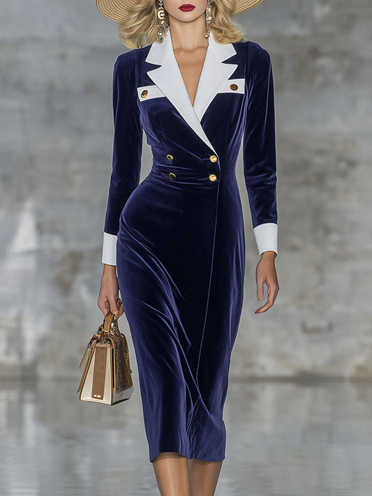 Robe Midi en Velours Bleu Élégante avec Col Contrasté et Double Boutonnage - Chic Rétro