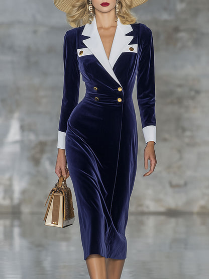 Robe Midi Velours Bleu Élégante au Style Rétro avec Col Contrasté et Double Boutonnage