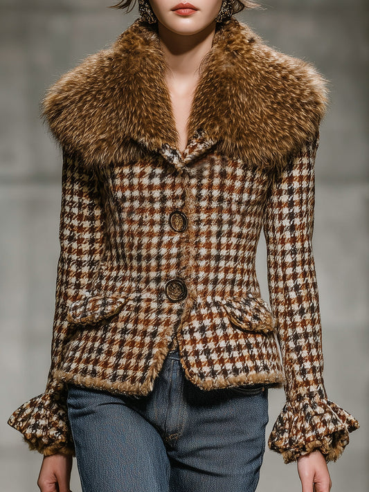 Veste courte à carreaux marron avec luxueuse doublure en fourrure