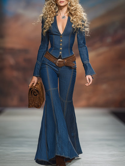 Ensemble Chic : Veste Boutonnée en Jean Bleu Foncé avec Col V et Pantalons Évasés