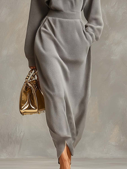 Robe Maxi Waffle Grise Clair à Zip Avant, Col Relevé et Manches Longues