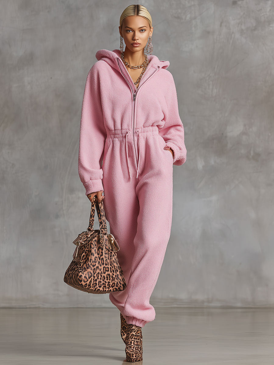 Combinaison Rétro en Polaire Rose avec Capuche