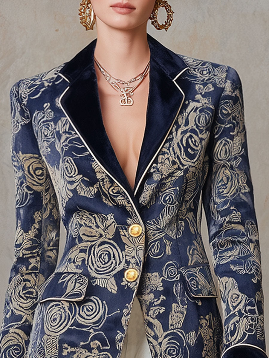 Blazer en velours rétro à imprimé rose avec couture contrastée