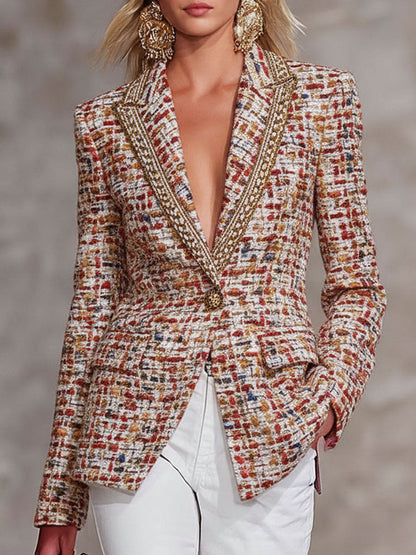 Vibrant Tweed Blazer with Contrasting Ribbon and Single Button Closure
