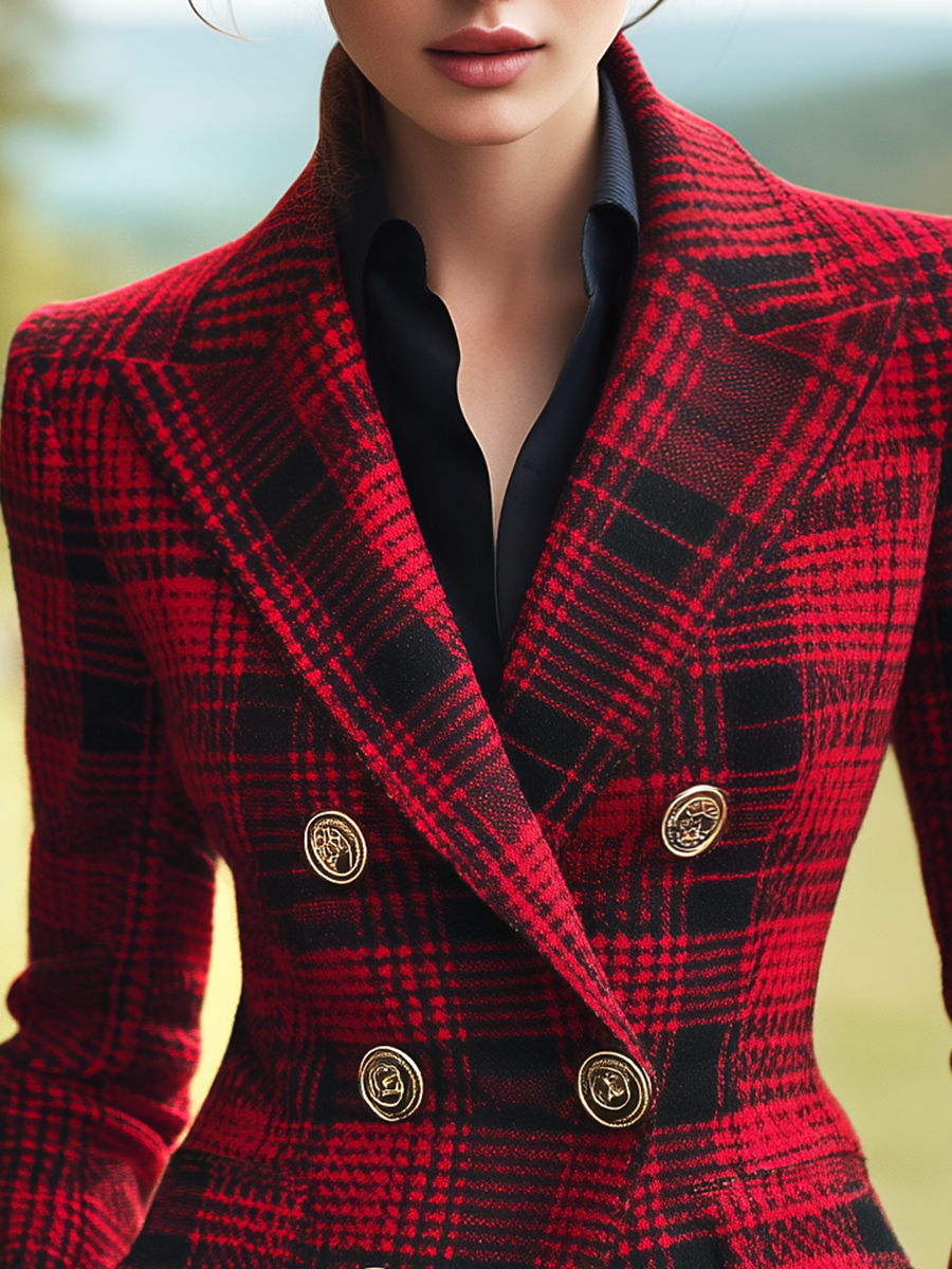 Élégant Blazer Rétro à Carreaux avec Double Boutonnage Inspiré du Style Western