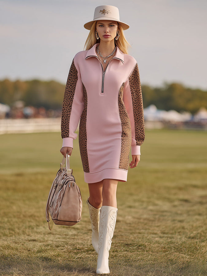 Robe Midi Sportive Rose à Manches Longues avec Col - Imprimé Léopard Patchwork