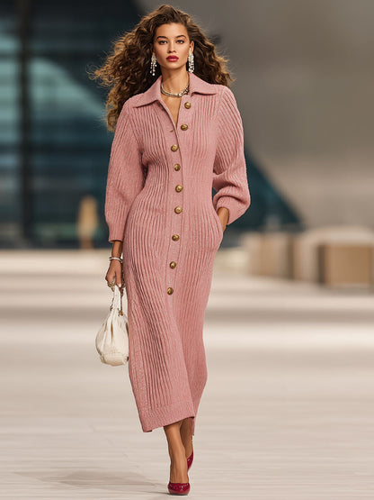 Robe Midi Tricotée avec Poches Doubles et Boutons Élégants