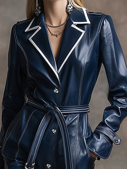 Veste Longue en PU Marine avec Ourlet Rétro Contrasté