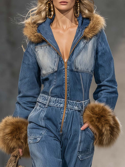Salopette en denim bleu avec capuche vintage Wild West et poignets en fausse fourrure à zip