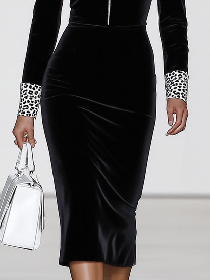 Robe Midi Vintage en Velours Noir à Col V et Manches Longues Élégantes