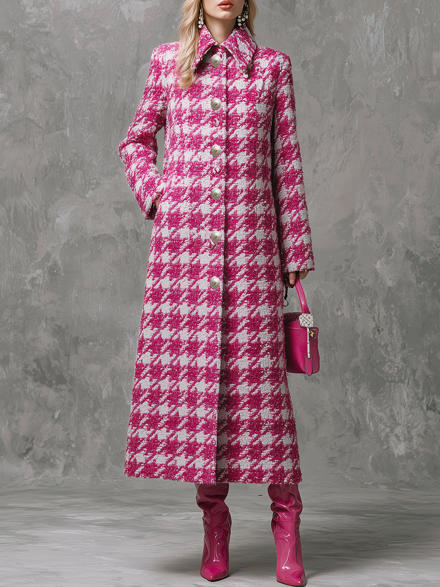 Veste Vintage Longue en Vichy Rose à Revers Ample