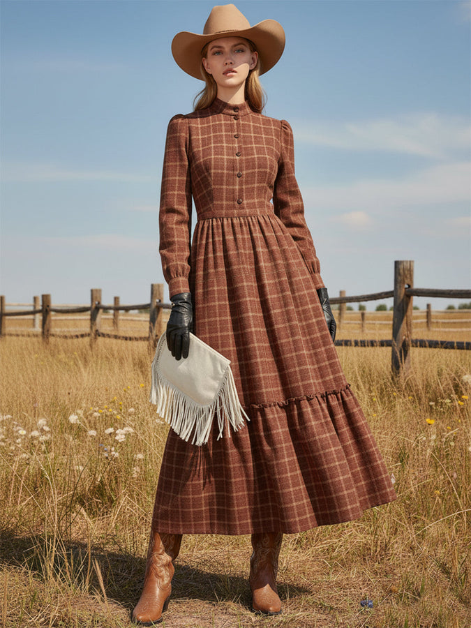 Robe Maxi Boutonnée en Plaid Rouge Rouille avec Col Rond