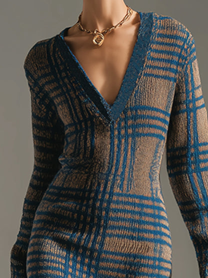 Robe Midi Tricotée à Col V à Carreaux Bleu Khaki - Élégance Rétro