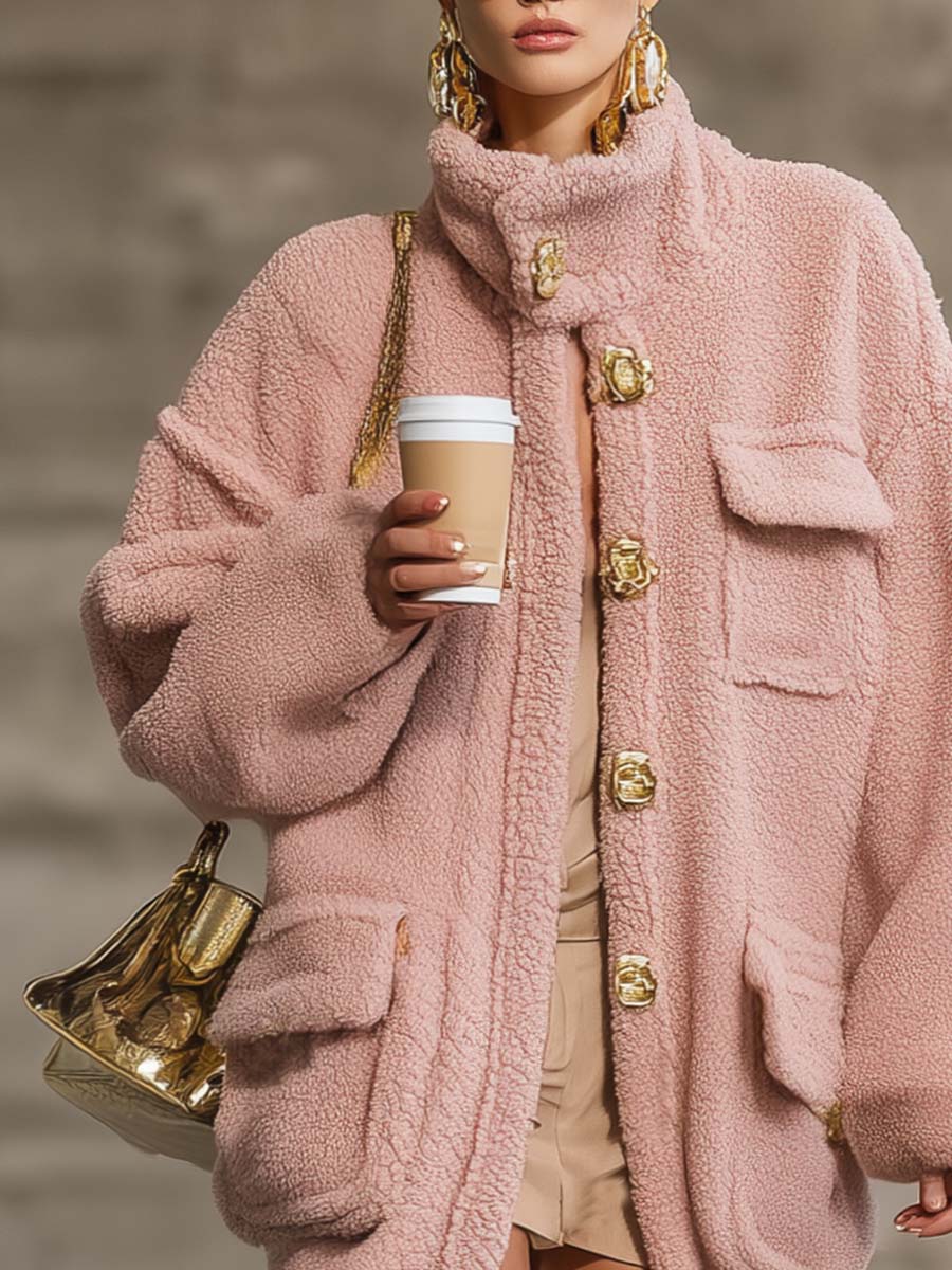 Exquis Manteau Vintage en Polaire Rose avec Boutons et Col Haut