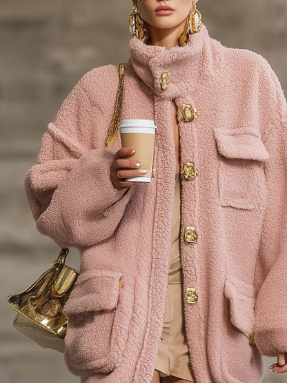 Exquis Manteau en Polaire Rose à Col Haut et Boutons Vintage