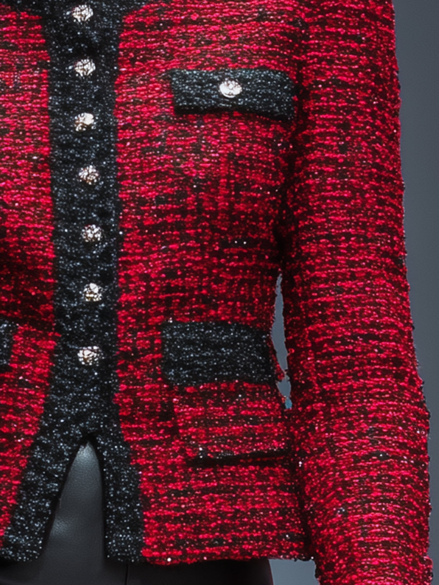 Veste Rouge en Tweed avec Détails en Sangle Noire