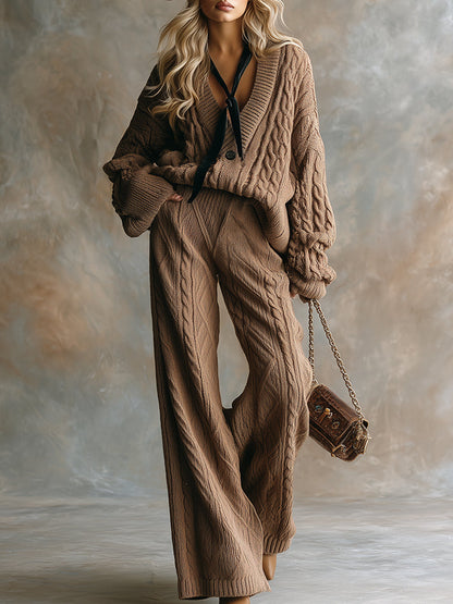 Ensemble Décontracté en Tricot à Câble Marron avec Pantalon à Jambes Larges