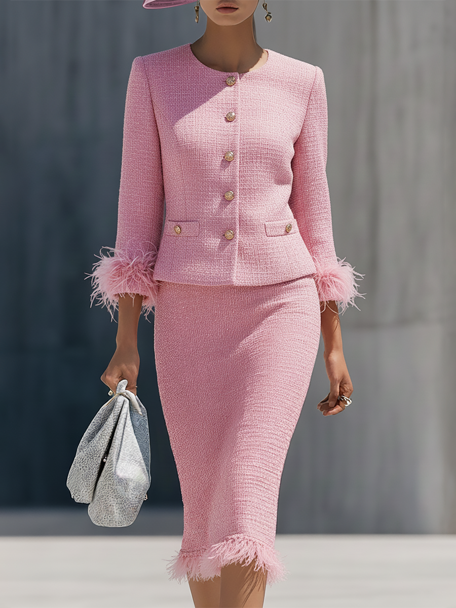 Chic Ensemble en Tweed : Veste à Col Rond et Jupe à Boutons