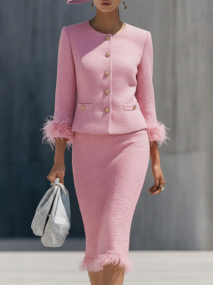 Chic Ensemble en Tweed : Veste à Col Rond et Jupe à Boutons