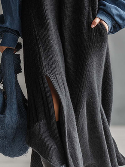 Robe Maxi Noire Tricotée Décontractée avec Accents en Denim