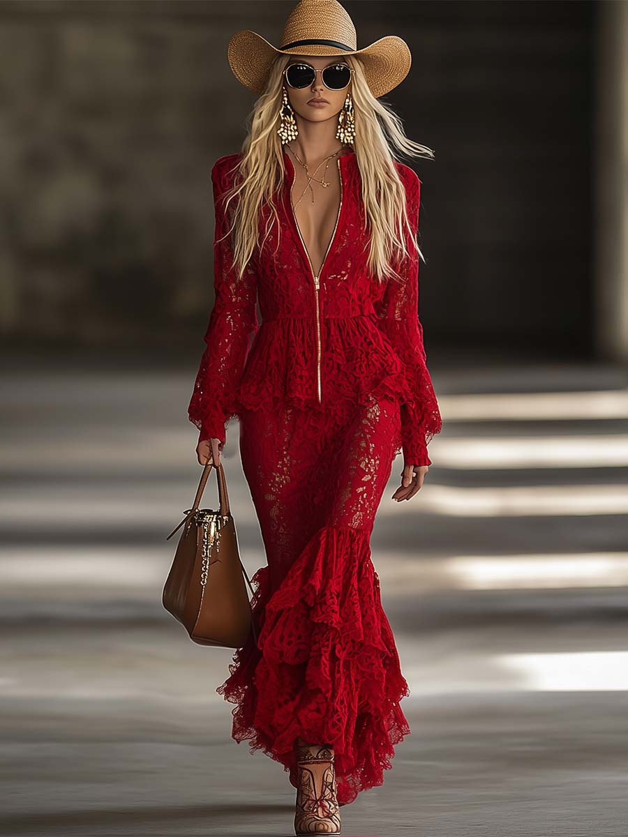 Robe Maxi Rouge en Dentelle : Élégance Longue avec Manches, Zip, Col en V et Volants