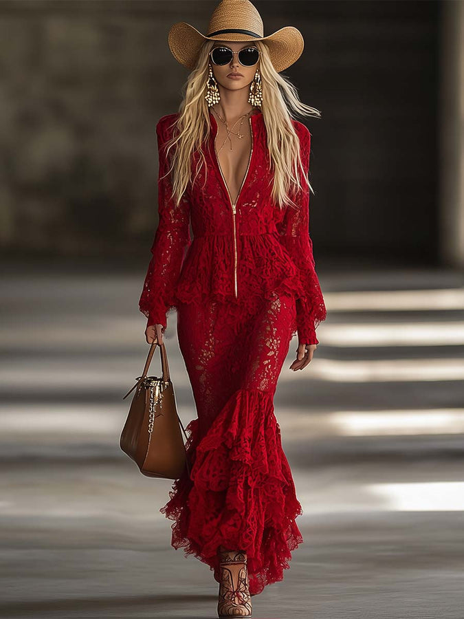 Robe Maxi Rouge en Dentelle : Élégance Longue avec Manches, Zip, Col en V et Volants