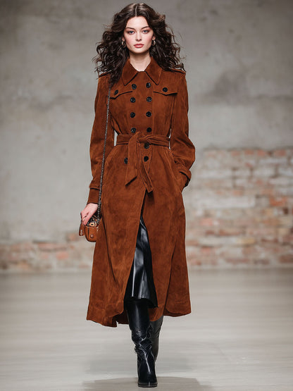 Trench en Suédine à Double Boutonnage avec Lacets - Coupe Oversized