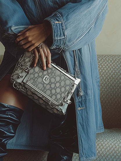 Veste en denim bleu mi-long avec col en fausse fourrure amovible - Élégance décontractée