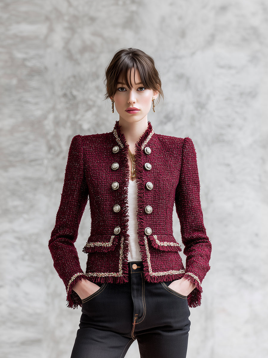 Veste en Tweed Rouge Angora avec Sangle Douce