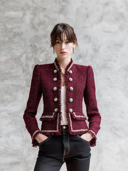 Veste en Tweed Rouge Angora avec Sangle Douce