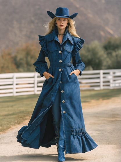 Trench Long en Denim Rembourré au Style Western Chic