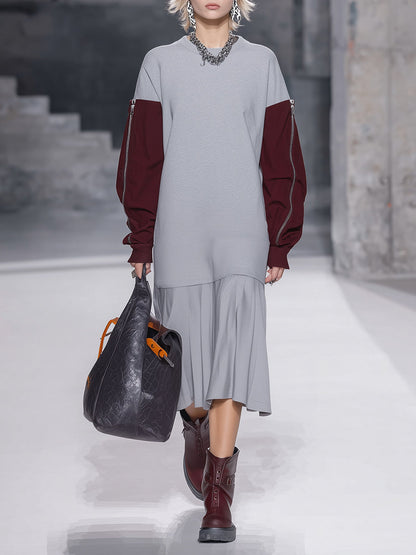 Robe Midi Sportive à Ourlet Plissé et Teintes Contrastées