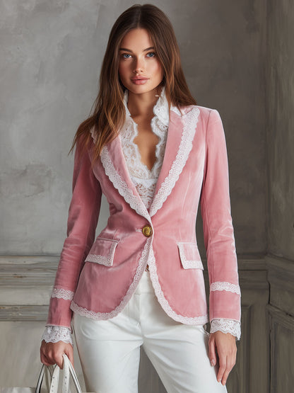 Veste Casual en Velours à Bouton Unique avec Revers