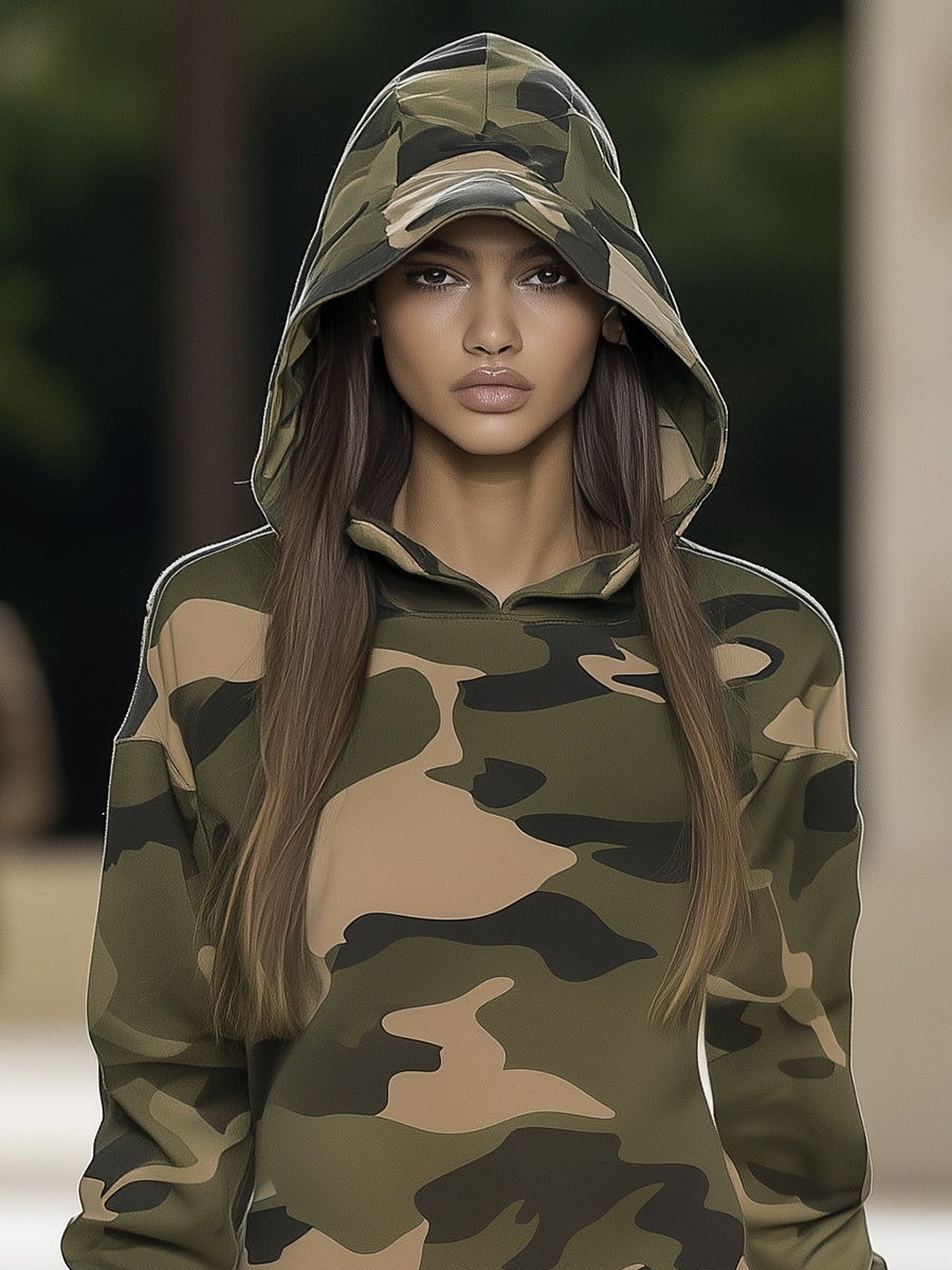 Robe Mini Camouflage à Volants avec Manches Longues et Capuche - Expédition Rapide en 24 Heures !