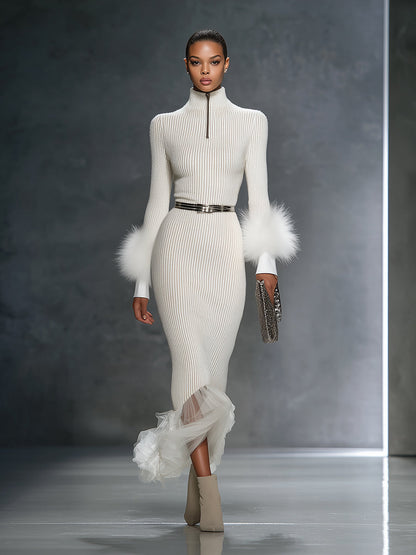 Robe Maxi Élastique Blanche avec Zip et Détails en Fourrure