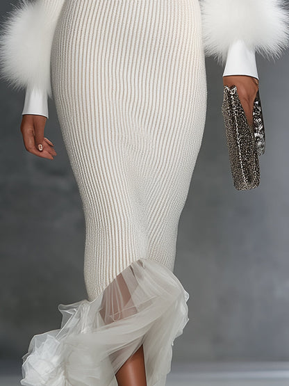 Robe Maxi Élastique Blanche avec Zip et Détails en Fourrure