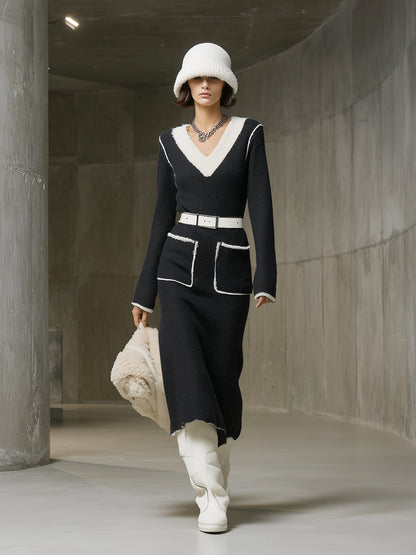 Chic Noir et Blanc : Robe Midi en Tricot en V
