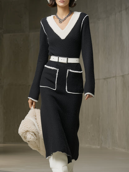 Chic Noir et Blanc : Robe Midi en Tricot en V