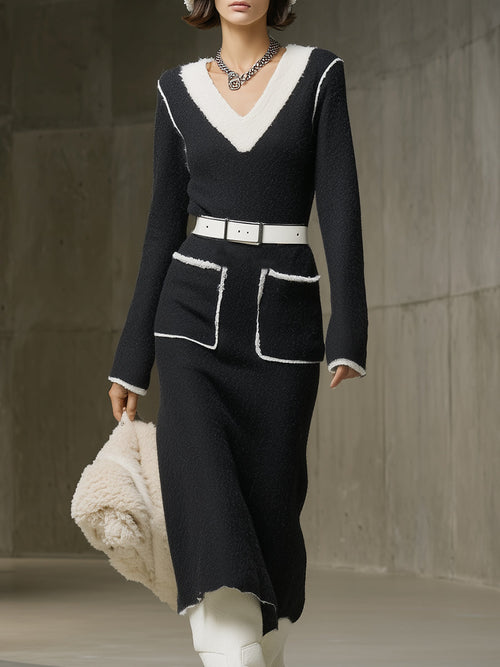 Robe Midi V-Neck Blanche en Tricot avec Détails Patchwork Noir