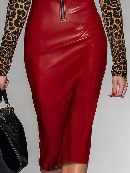 Robe Midi Zippée à Imprimé Léopard avec Détails en PU Rouge