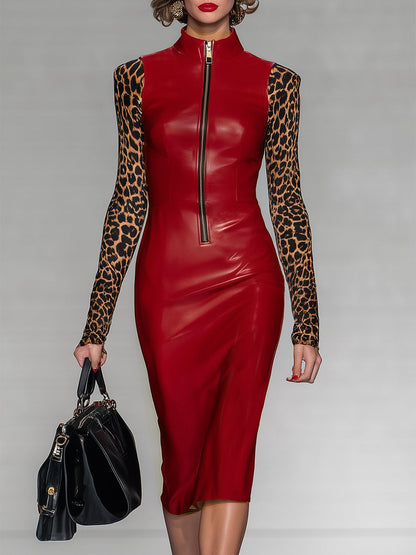 Robe Midi Zippée à Imprimé Léopard avec Détails en PU Rouge
