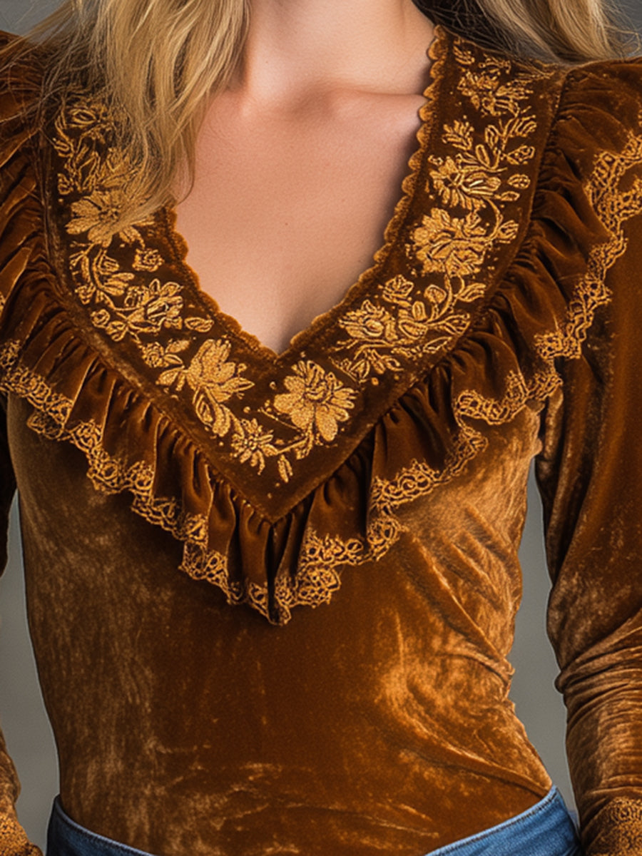 Top en Velours Brun à Col V avec Dentelle Brodée et Manches Évasées